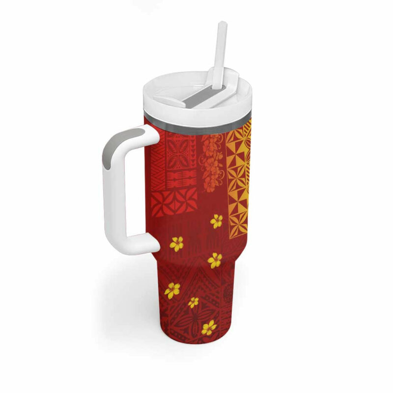 Samoa Tapa Pacific Tribal Hibiscus and Plumeria Custom Stanley Quencher 40oz Stainless Steel Tumbler With Handle - Threewoofs - Image 2
