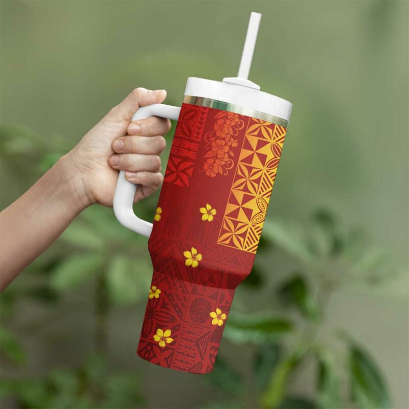 Samoa Tapa Pacific Tribal Hibiscus and Plumeria Custom Stanley Quencher 40oz Stainless Steel Tumbler With Handle - Threewoofs - Image 3