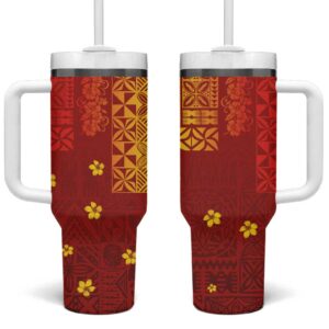 Samoa Tapa Pacific Tribal Hibiscus and Plumeria Custom Stanley Quencher 40oz Stainless Steel Tumbler With Handle - Threewoofs