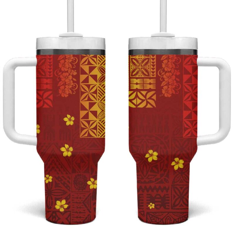 Samoa Tapa Pacific Tribal Hibiscus and Plumeria Custom Stanley Quencher 40oz Stainless Steel Tumbler With Handle - Threewoofs