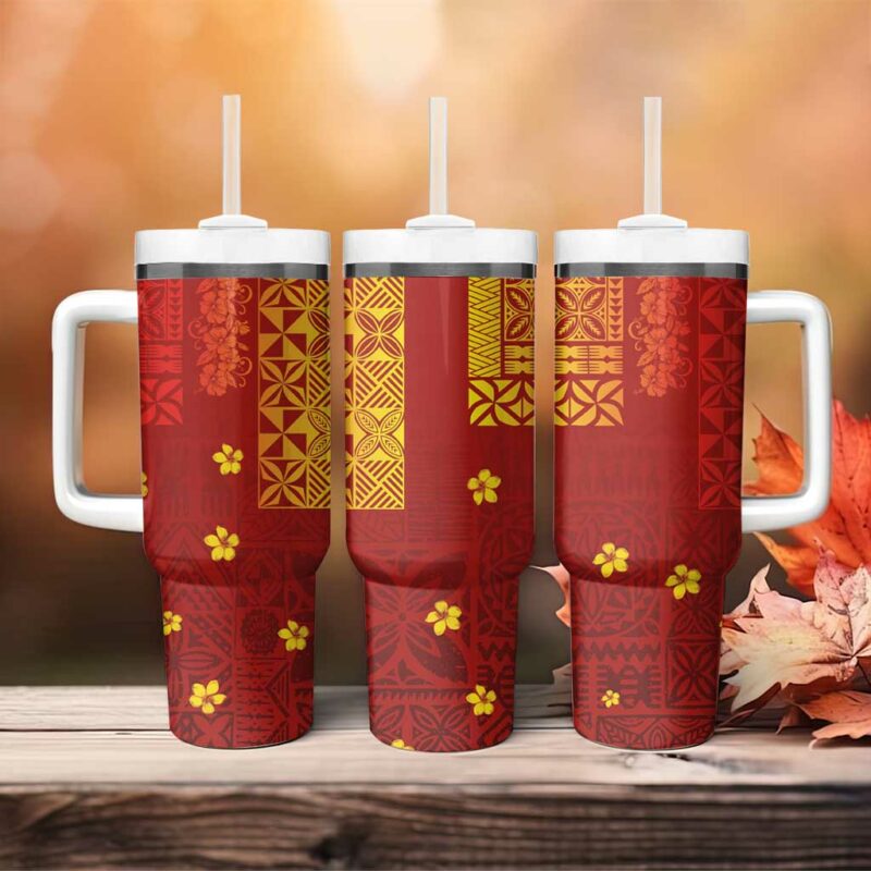 Samoa Tapa Pacific Tribal Hibiscus and Plumeria Custom Stanley Quencher 40oz Stainless Steel Tumbler With Handle - Threewoofs - Image 4
