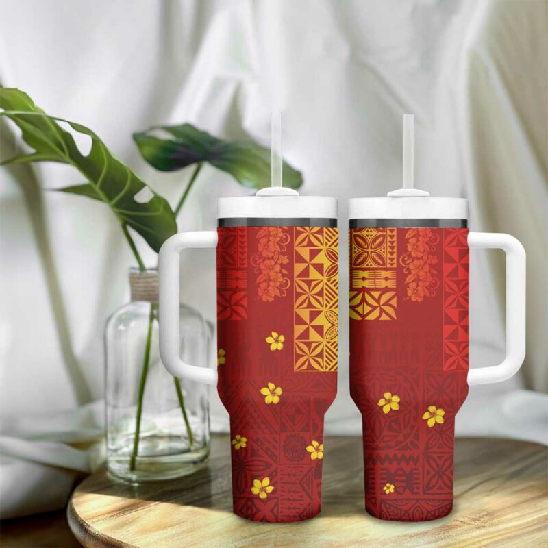 Samoa Tapa Pacific Tribal Hibiscus and Plumeria Custom Stanley Quencher 40oz Stainless Steel Tumbler With Handle - Threewoofs - Image 9
