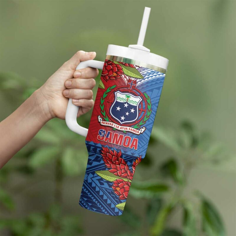 Samoa Teuila Torch Ginger Mix Polynesian Tribal Custom Stanley Quencher 40oz Stainless Steel Tumbler With Handle - Threewoofs - Image 3