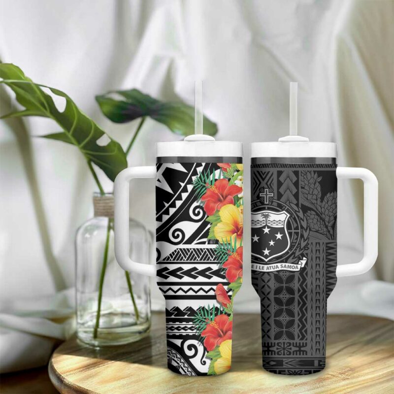 Samoa Tribal Hibiscus Flowers Custom Stanley Quencher 40oz Stainless Steel Tumbler With Handle - Threewoofs - Image 9