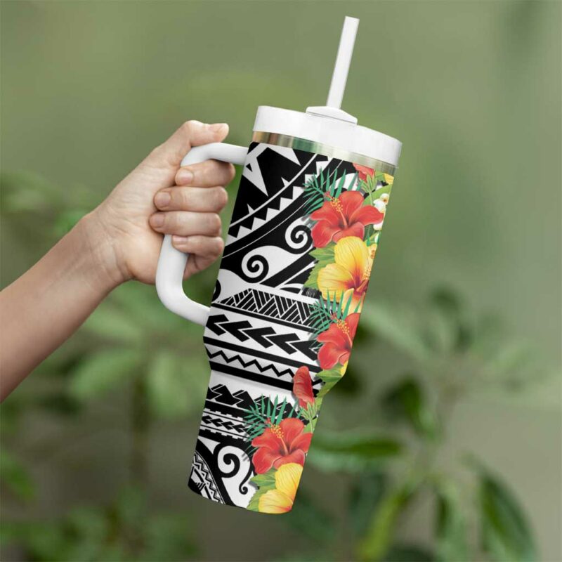 Samoa Tribal Hibiscus Flowers Custom Stanley Quencher 40oz Stainless Steel Tumbler With Handle - Threewoofs - Image 3