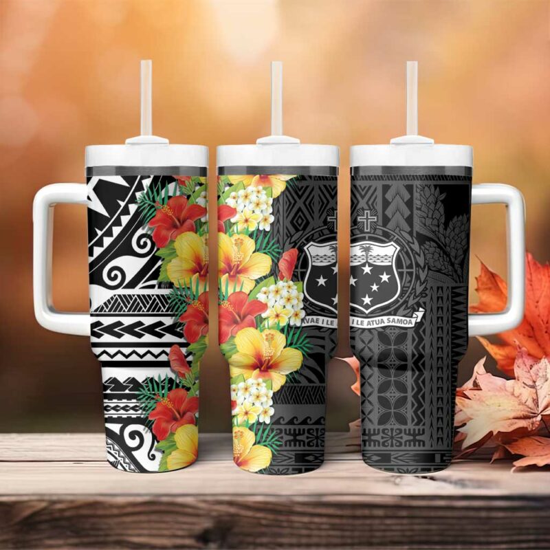 Samoa Tribal Hibiscus Flowers Custom Stanley Quencher 40oz Stainless Steel Tumbler With Handle - Threewoofs - Image 4