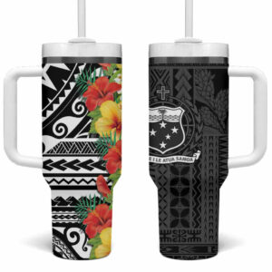 Samoa Tribal Hibiscus Flowers Custom Stanley Quencher 40oz Stainless Steel Tumbler With Handle - Threewoofs