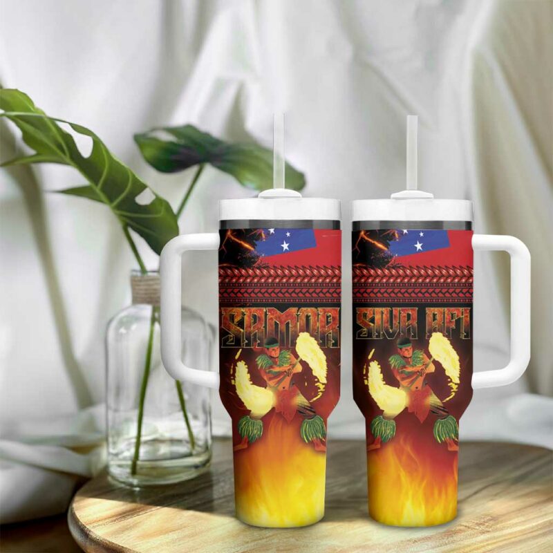 Samoan Siva Afi Tribal Performers of Samoan Fire Knife Dancing Custom Stanley Quencher 40oz Stainless Steel Tumbler With Handle - Threewoofs - Image 9