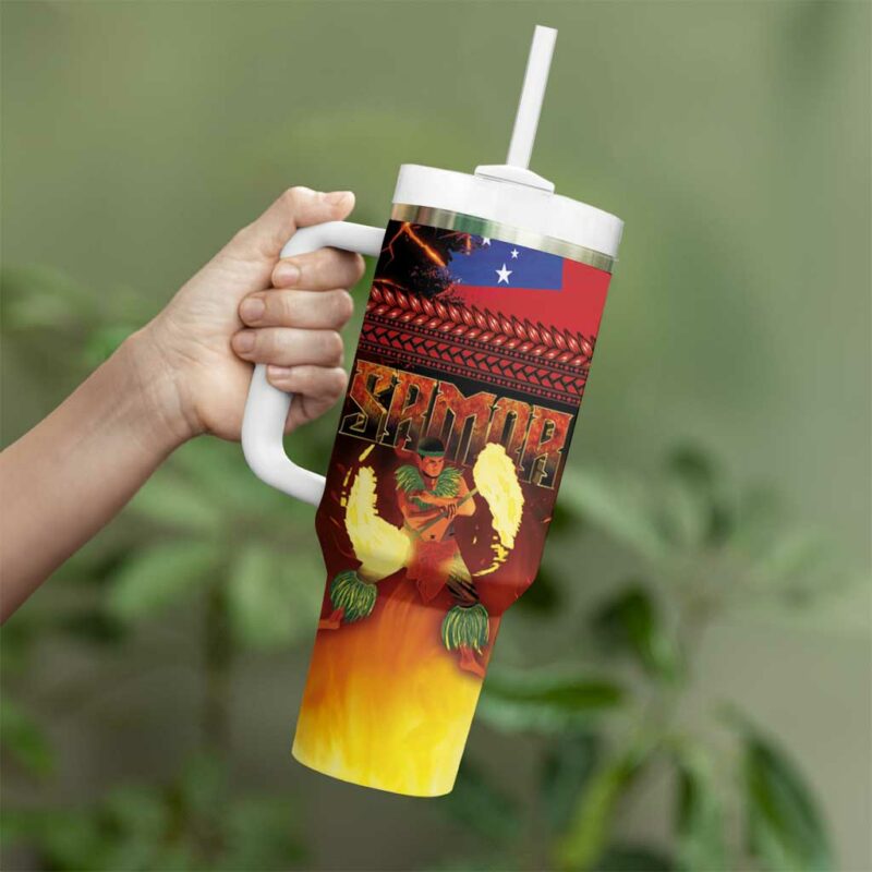 Samoan Siva Afi Tribal Performers of Samoan Fire Knife Dancing Custom Stanley Quencher 40oz Stainless Steel Tumbler With Handle - Threewoofs - Image 3