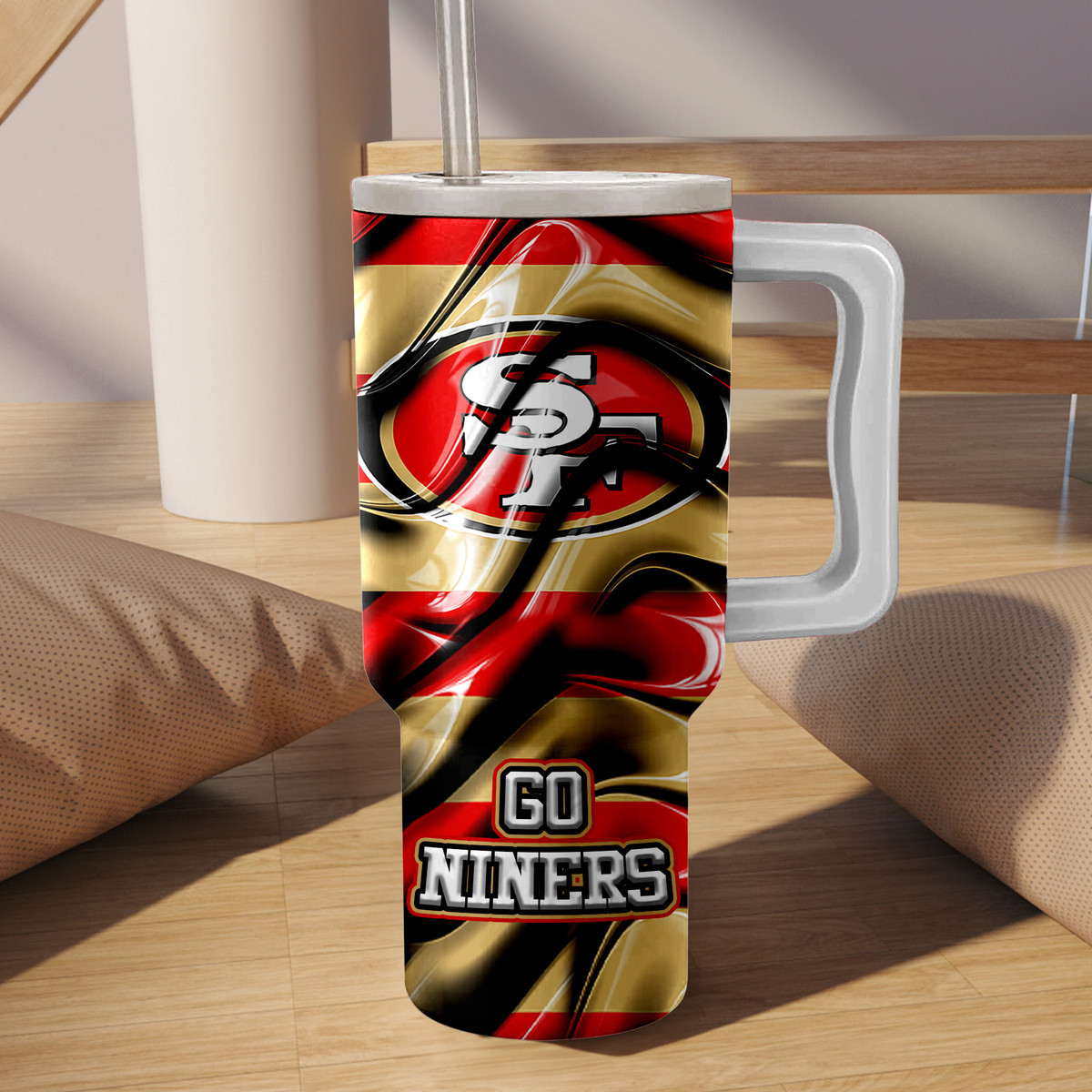 49ers Fan Mug - Insulated 40oz Tumbler with Handle & Straw - Image 3