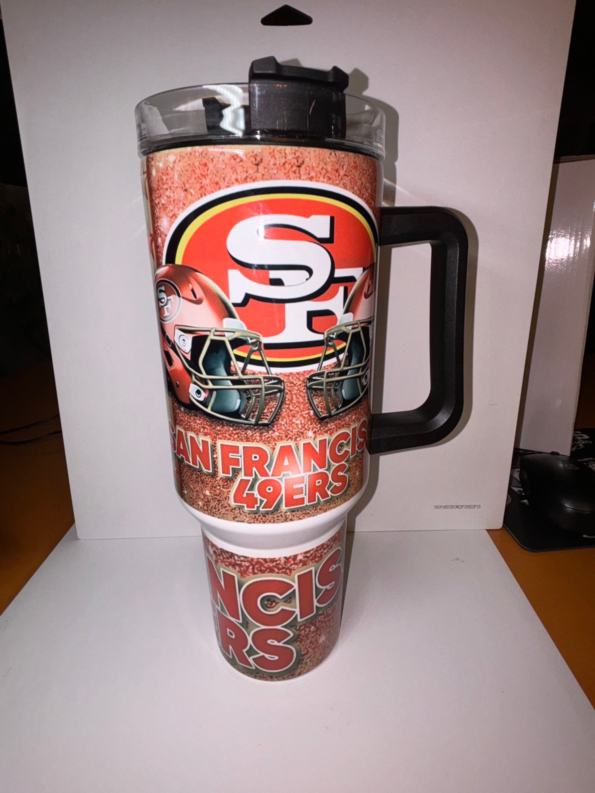 San Francisco 49ers Glitter Tumbler - 40oz NFL Fan Mug with Handle & Straw - Image 4