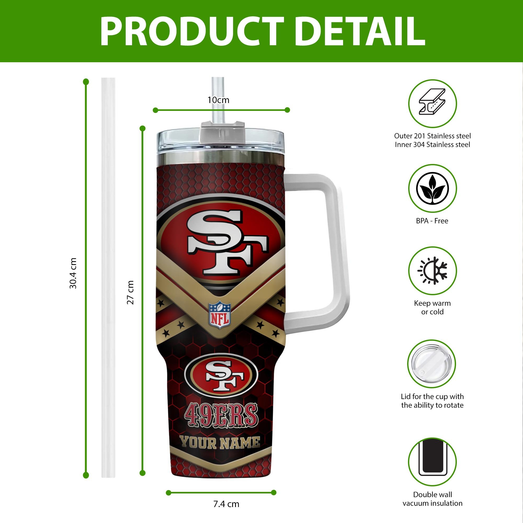 Custom San Francisco 49ers Tumbler with Handle - Add Your Name! - Image 2