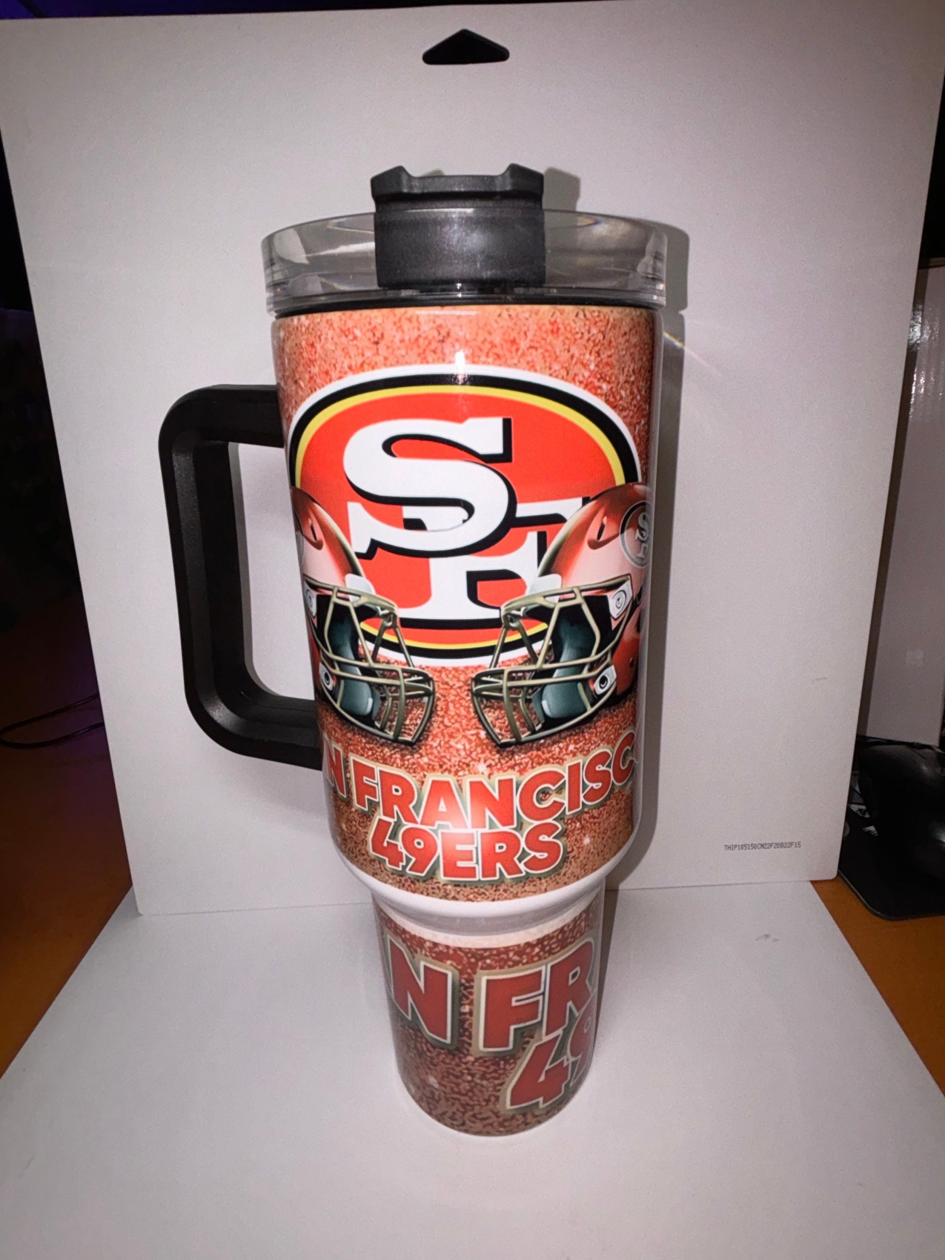 San Francisco 49ers Glitter Tumbler - 40oz NFL Fan Mug with Handle & Straw - Image 3