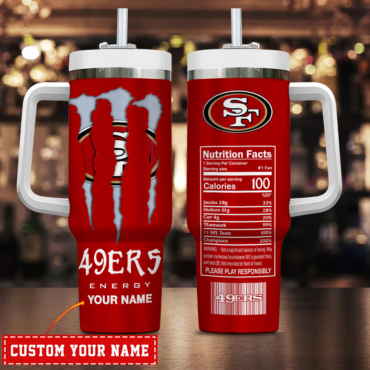 Personalized 49ers Energy Drink Tumbler with Handle - Custom Name Gift