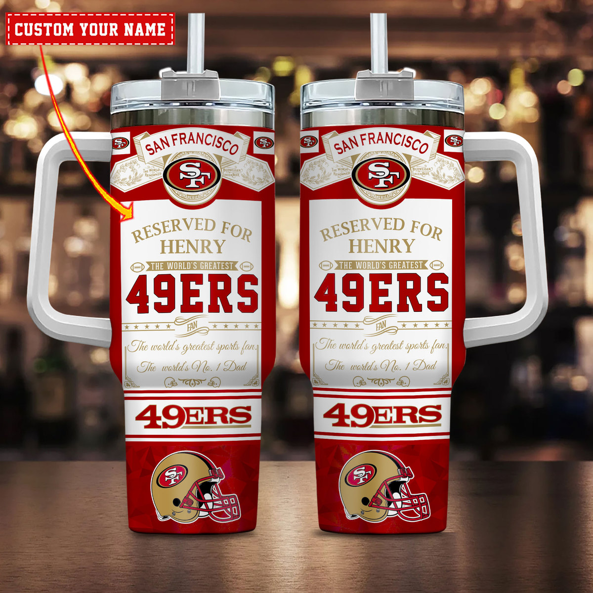 Custom San Francisco 49ers Tumbler with Handle - Personalized Sports Fan Gift