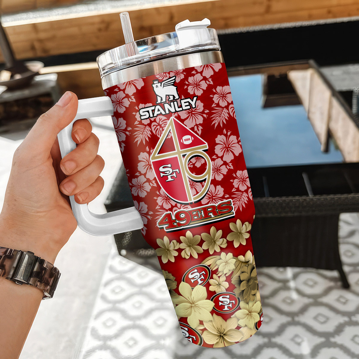 Personalized Floral Team Travel Tumbler with Handle & Straw - Image 3