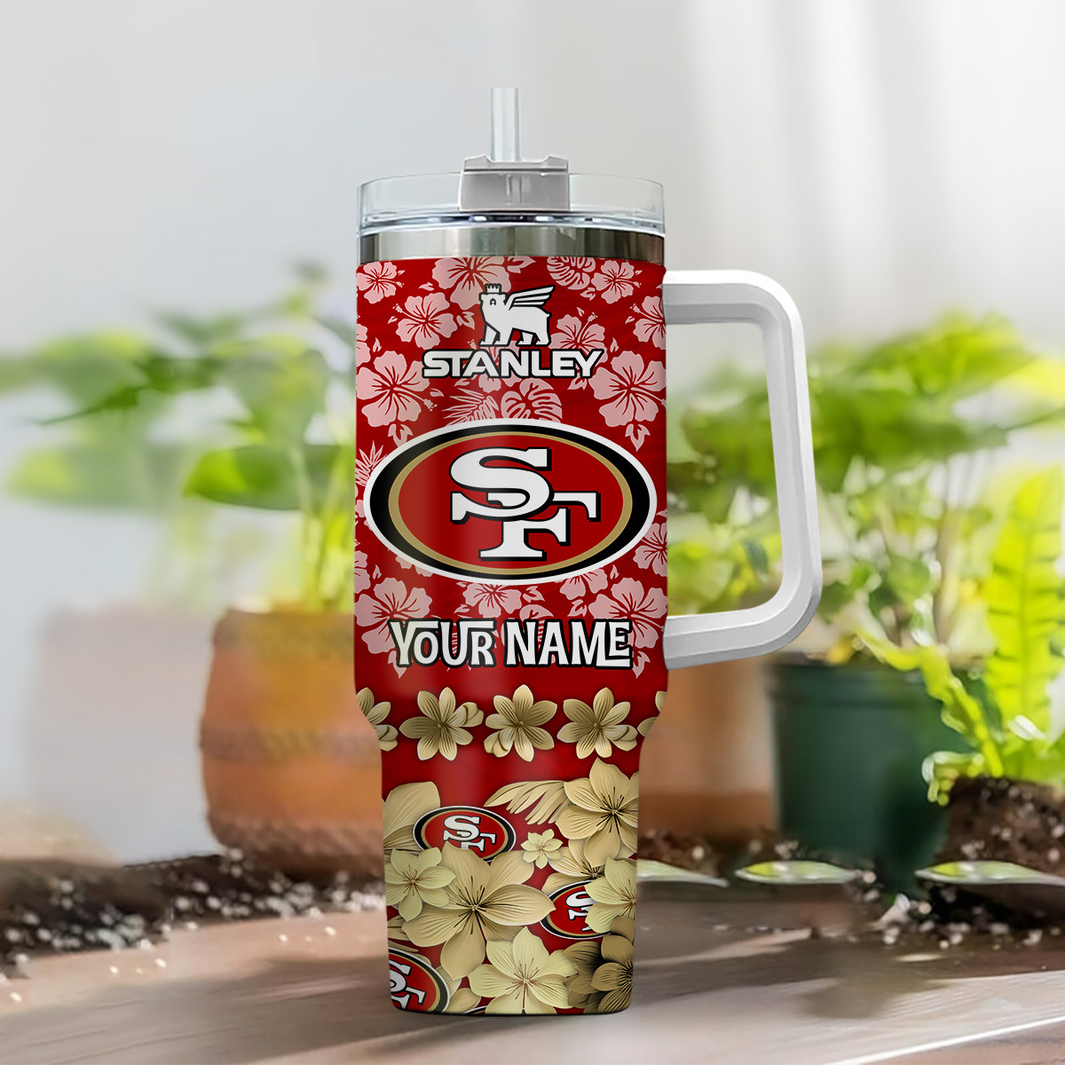 Personalized Floral Team Travel Tumbler with Handle & Straw - Image 2