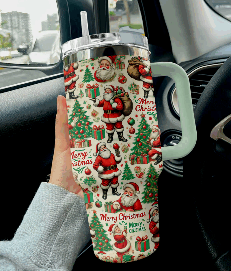Santa Pattern Christmas Custom Stanley Quencher 40oz Stainless Steel Tumbler With Handle - Threewoofs - Image 2