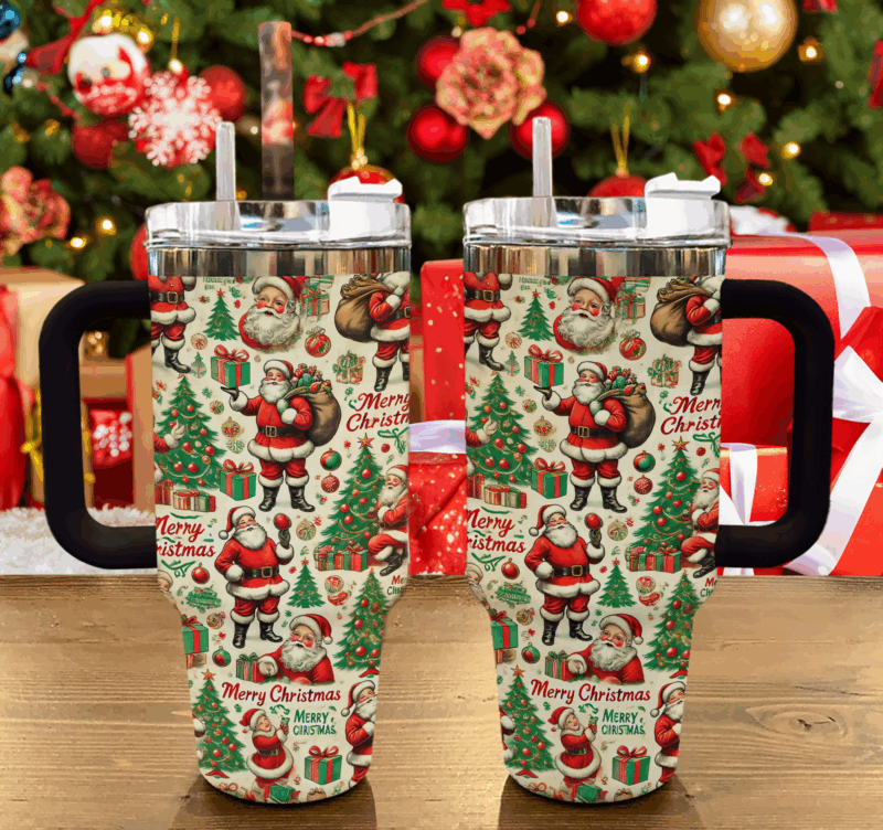 Santa Pattern Christmas Custom Stanley Quencher 40oz Stainless Steel Tumbler With Handle - Threewoofs - Image 3