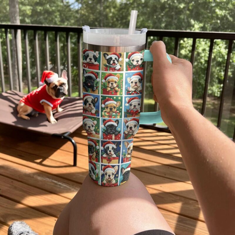 Santa Paws Frenchie Bulldog Christmas Custom Stanley Quencher 40oz Stainless Steel Tumbler With Handle - Threewoofs - Image 3