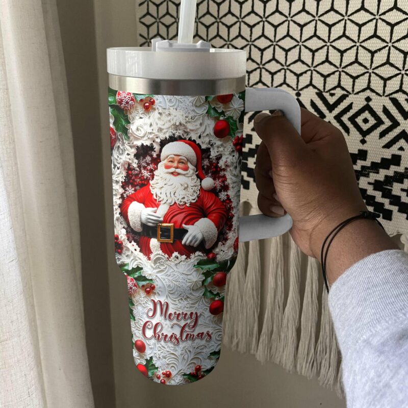 Santa‚Äôs Cheer Christmas Custom Stanley Quencher 40oz Stainless Steel Tumbler With Handle - Threewoofs - Image 3