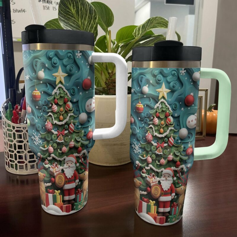 Santa‚Äôs Festive Joy Christmas Custom Stanley Quencher 40oz Stainless Steel Tumbler With Handle - Threewoofs - Image 3