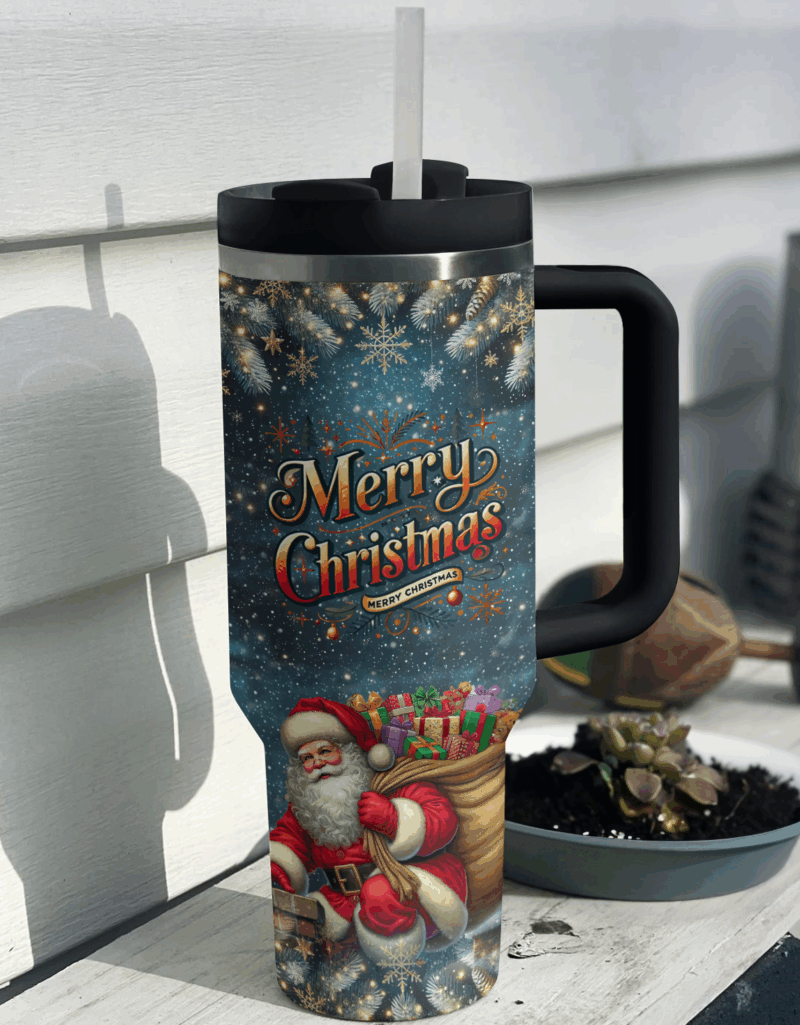 Santa‚Äôs Nighttime Wonder Christmas Custom Stanley Quencher 40oz Stainless Steel Tumbler With Handle - Threewoofs - Image 3