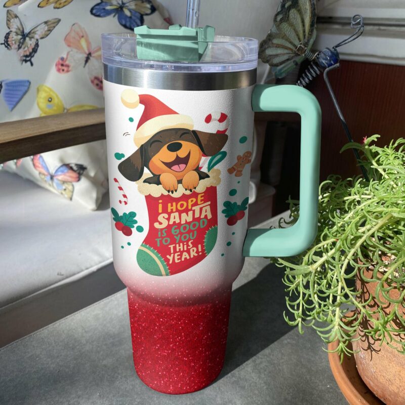 Santa‚Äôs Puppy Delight Christmas Custom Stanley Quencher 40oz Stainless Steel Tumbler With Handle - Threewoofs - Image 3