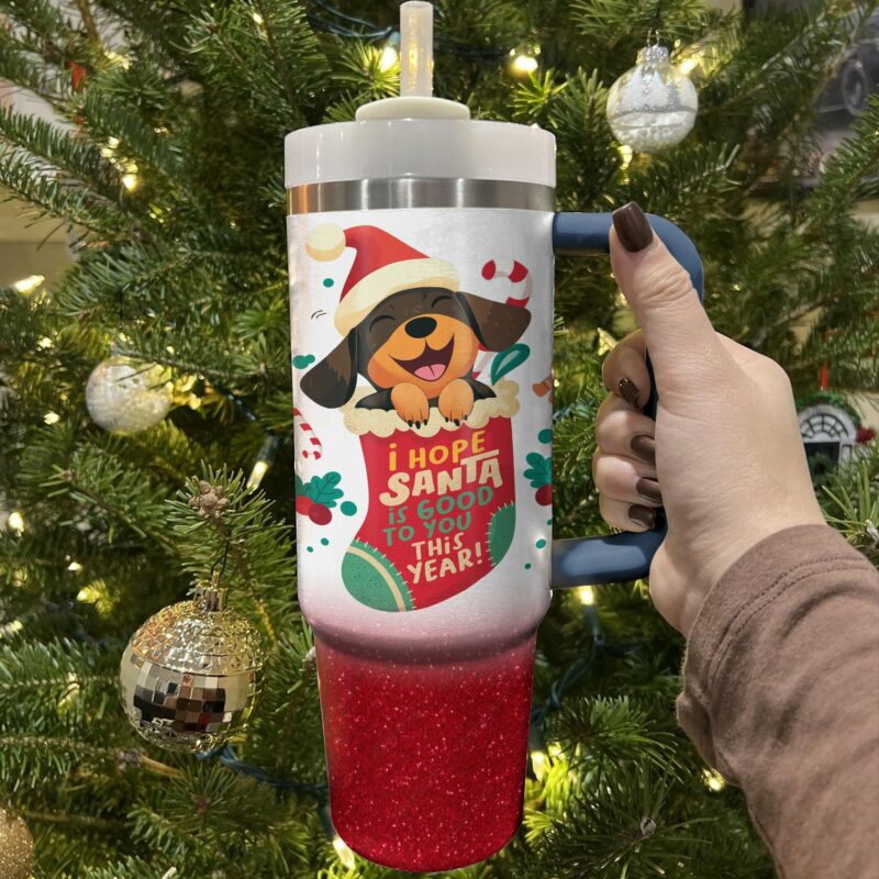 Santa‚Äôs Puppy Delight Christmas Custom Stanley Quencher 40oz Stainless Steel Tumbler With Handle - Threewoofs - Image 2