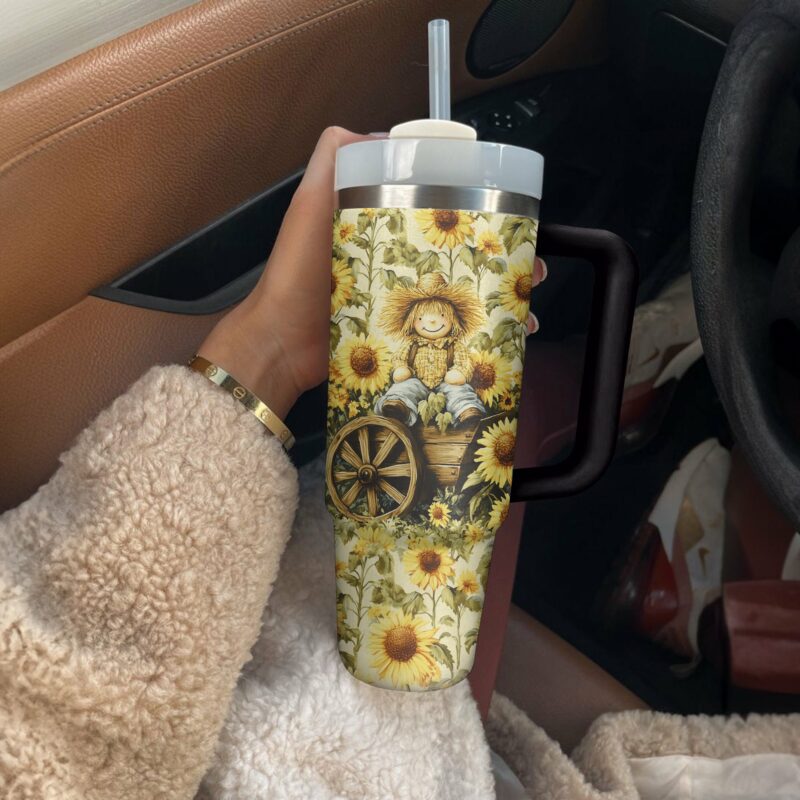 Scarecrow Sunflower Custom Stanley Quencher 40oz Stainless Steel Tumbler With Handle - Threewoofs - Image 3