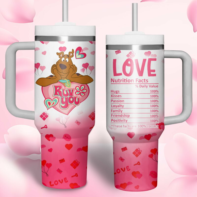 Scooby-Doo Cartoon Valentine Custom Stanley Quencher 40oz Stainless Steel Tumbler With Handle - Threewoofs