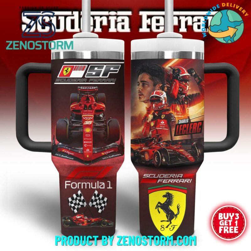 Scuderia Ferrari F1 Charles Leclerc Custom Stanley Quencher 40oz Stainless Steel Tumbler With Handle - Threewoofs - Image 2