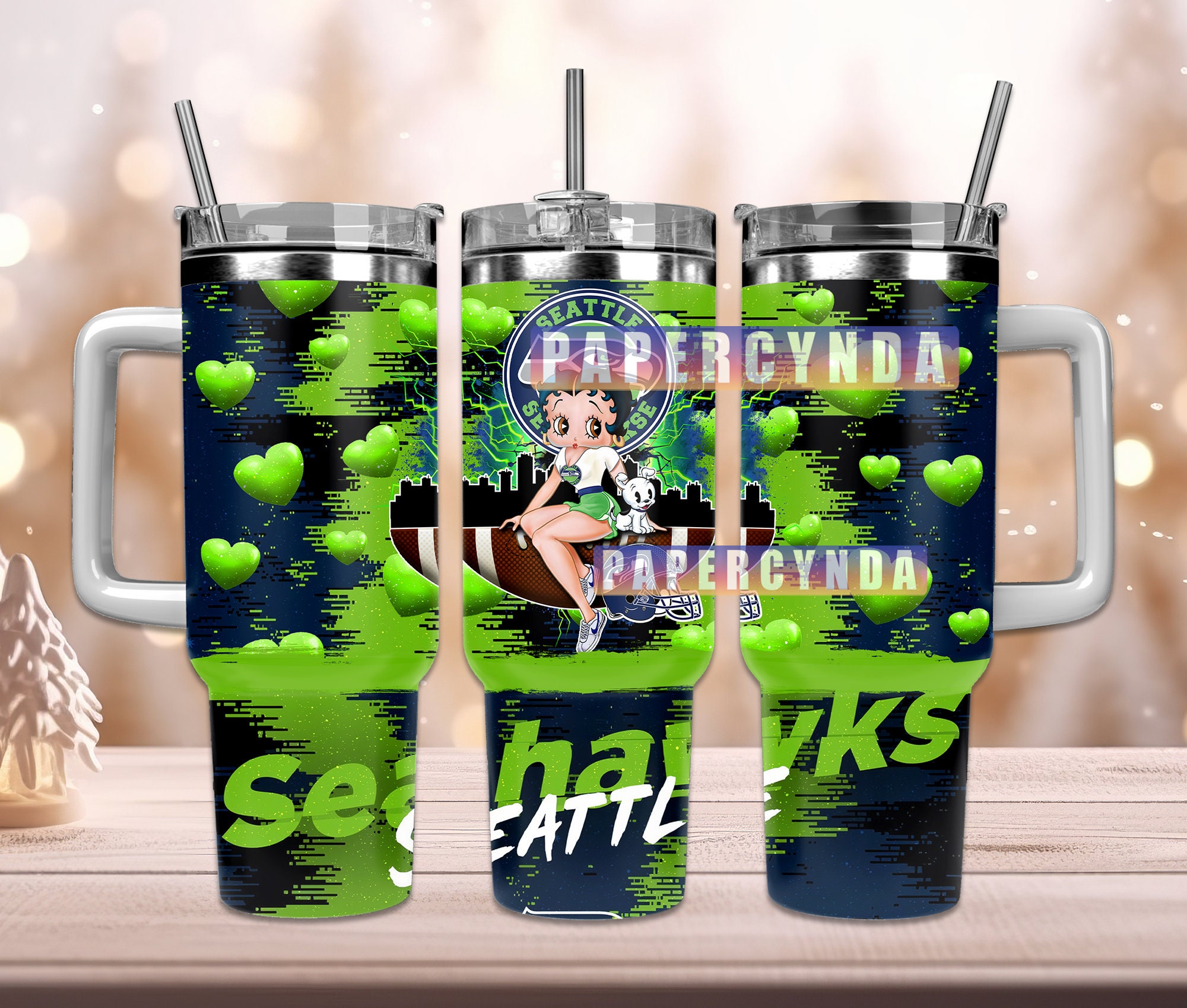 Custom Seattle Inspired Tumbler with Handle & Straw - Unique Heart Design
