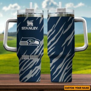 Custom Name Insulated Travel Mug with Handle - Stylish Blue Tiger Pattern