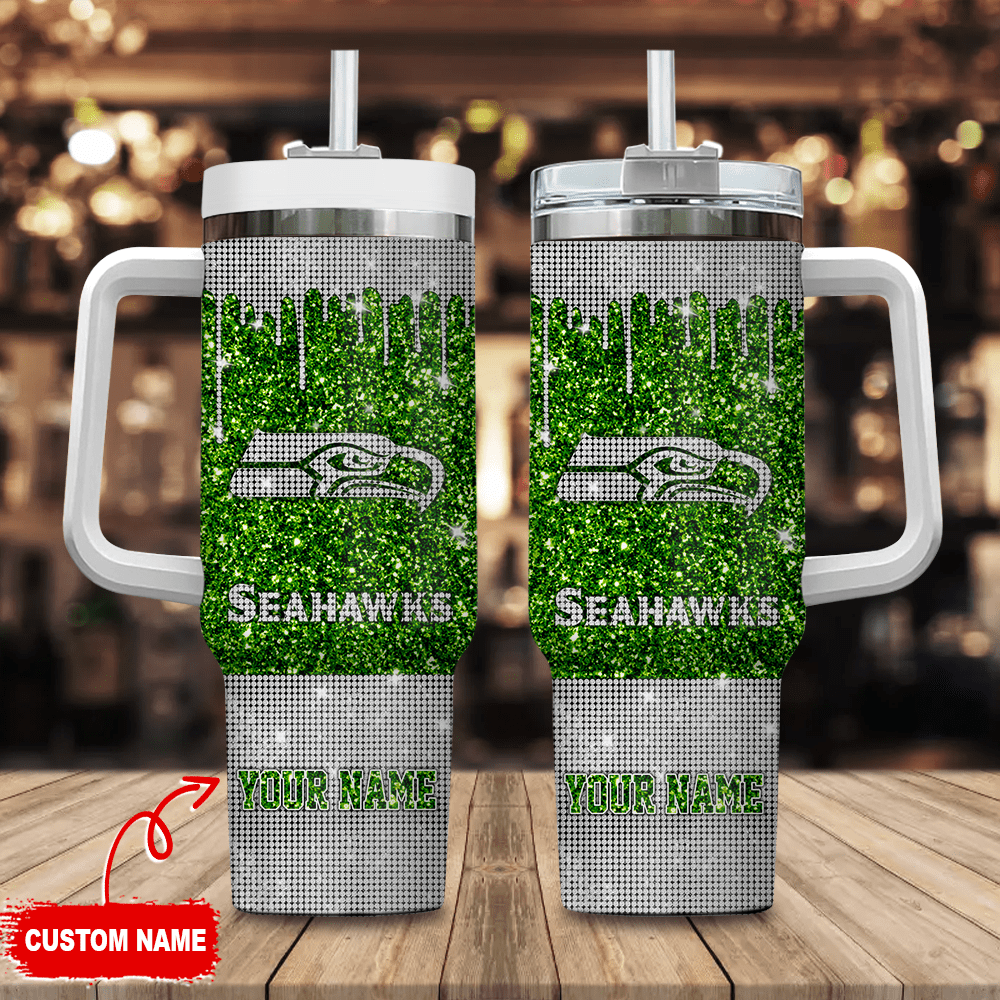 Personalized Glitter Tumbler with Handle – Custom Name Seahawks Design