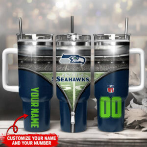 Customizable Seattle Football Tumbler with Handle - Personalize Your Name & Number