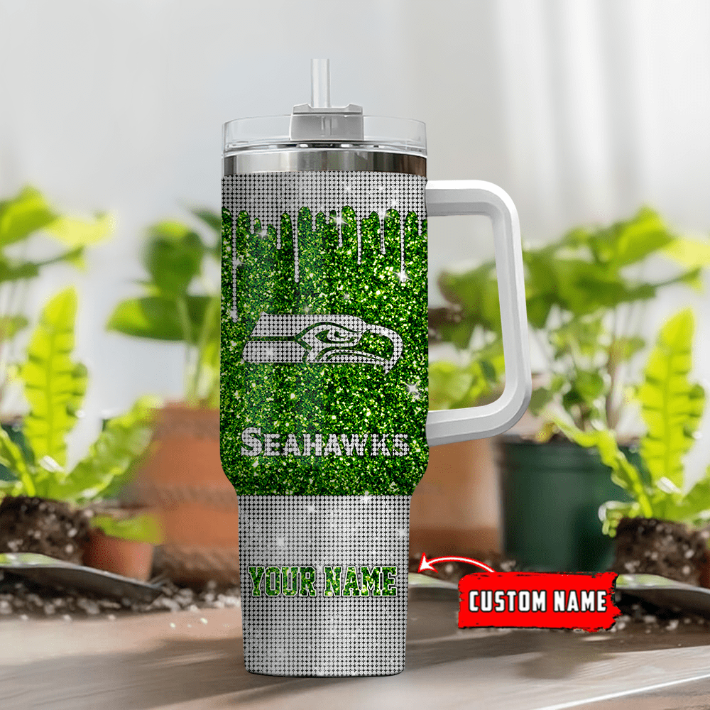 Personalized Glitter Tumbler with Handle – Custom Name Seahawks Design - Image 2