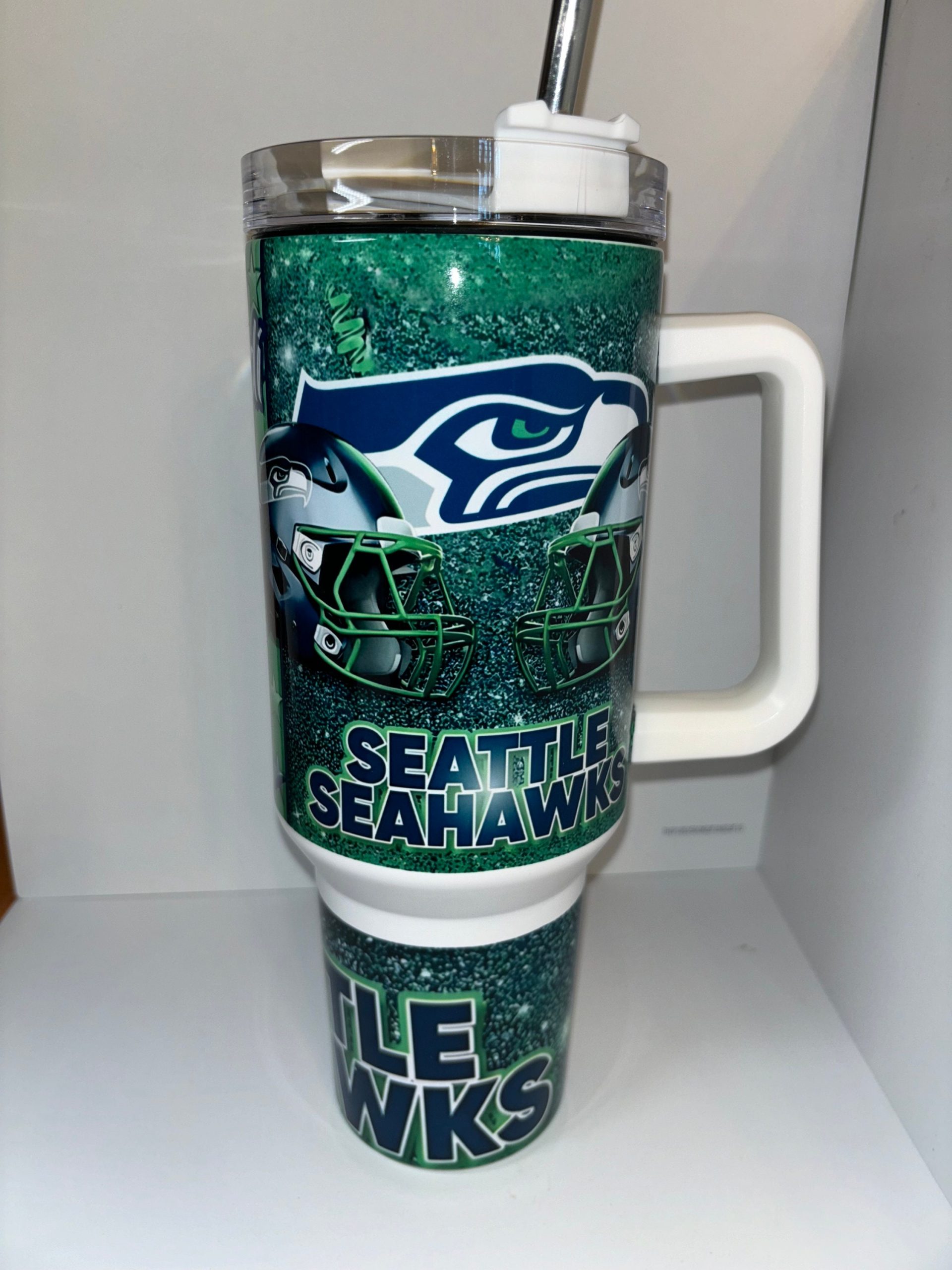 Seattle Seahawks Tumbler - Insulated 40oz Travel Mug with Handle & Straw - Image 2