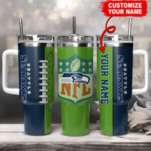 Personalized Seattle Football Tumbler with Handle - Custom Name NFL Fan Gift