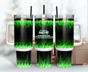 Seattle Seahawks Flame Tumbler - Insulated Travel Mug with Handle & Straw