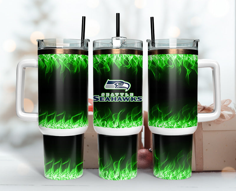 Seattle Seahawks Flame Tumbler - Insulated Travel Mug with Handle & Straw