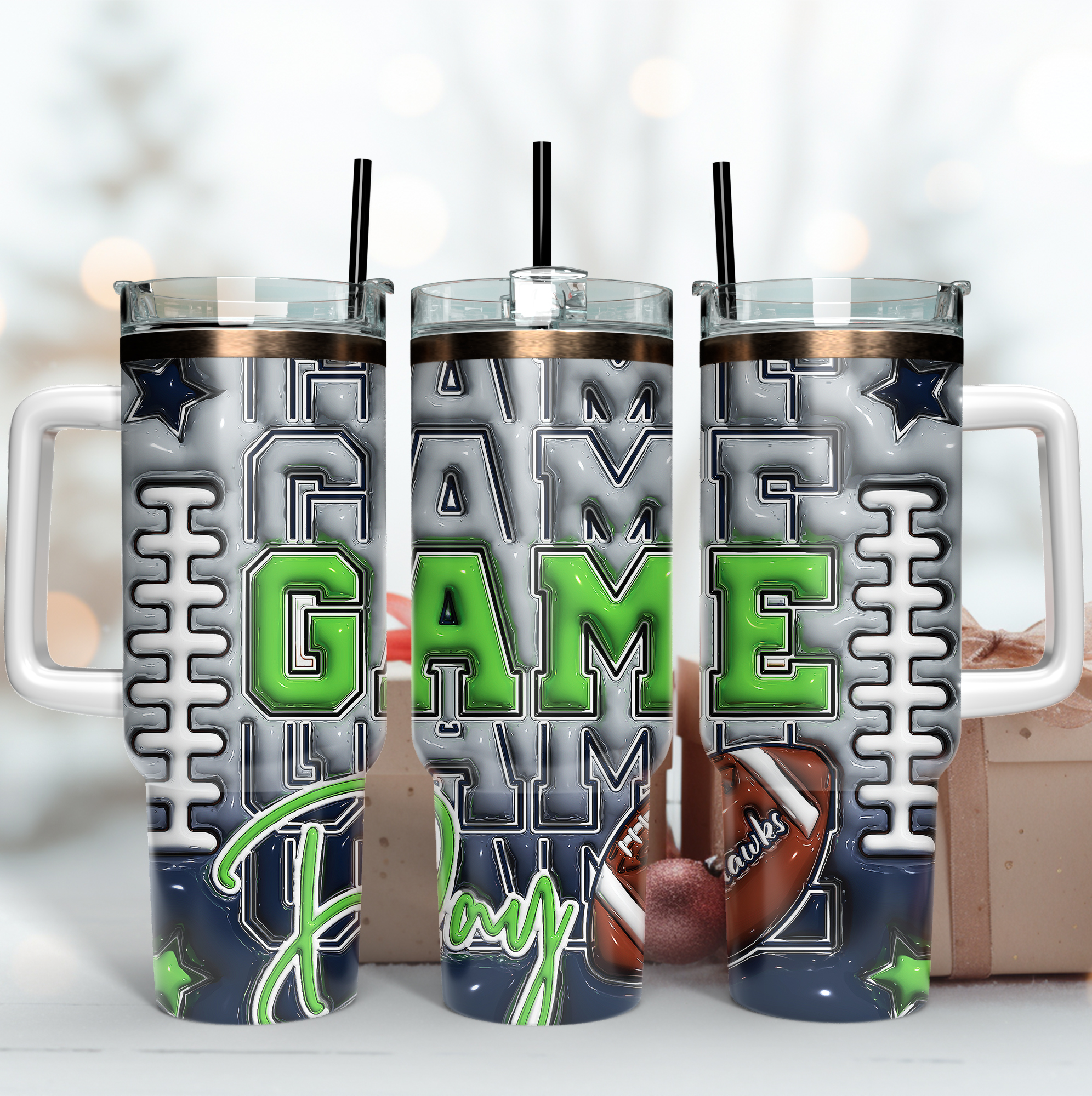 Game Day Football Tumbler - Insulated Sports Fan Mug with Handle & Straw
