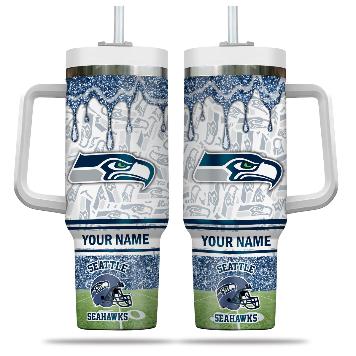 Customizable Seattle Seahawks Glitter Tumbler with Straw - Add Your Name - Image 2