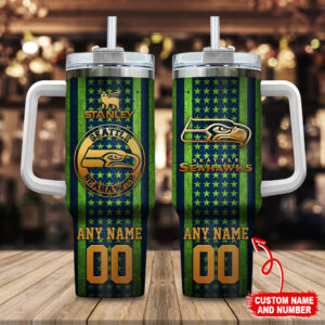 Custom Seattle Seahawks Tumbler with Handle and Straw - Personalize Your Name and Number