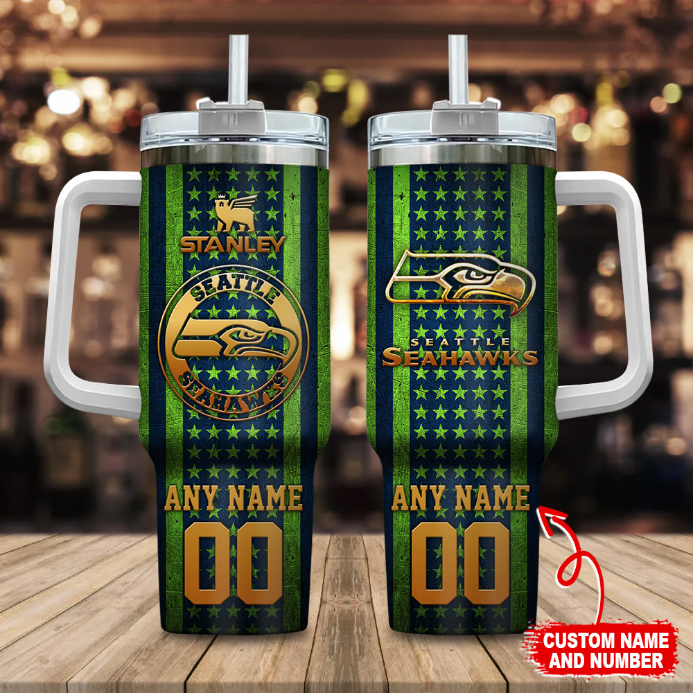 Custom Seattle Seahawks Tumbler with Handle and Straw - Personalize Your Name and Number