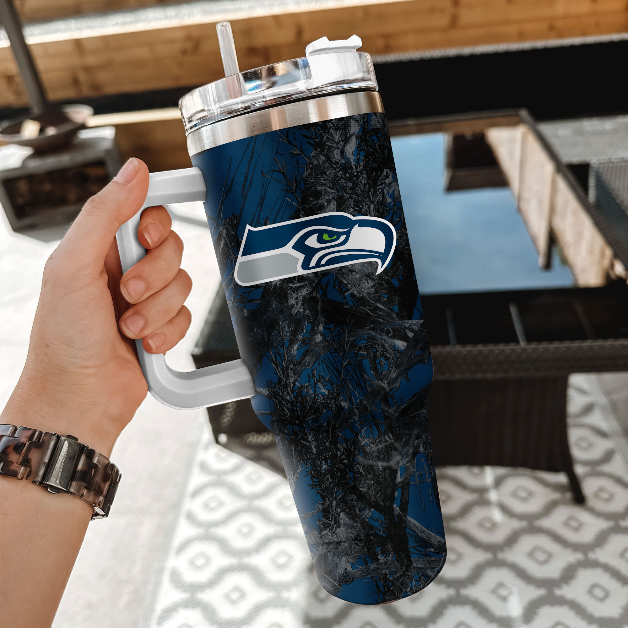 Seattle Seahawks Insulated Travel Mug with Handle - 40oz Leak-Proof Tumbler - Image 2