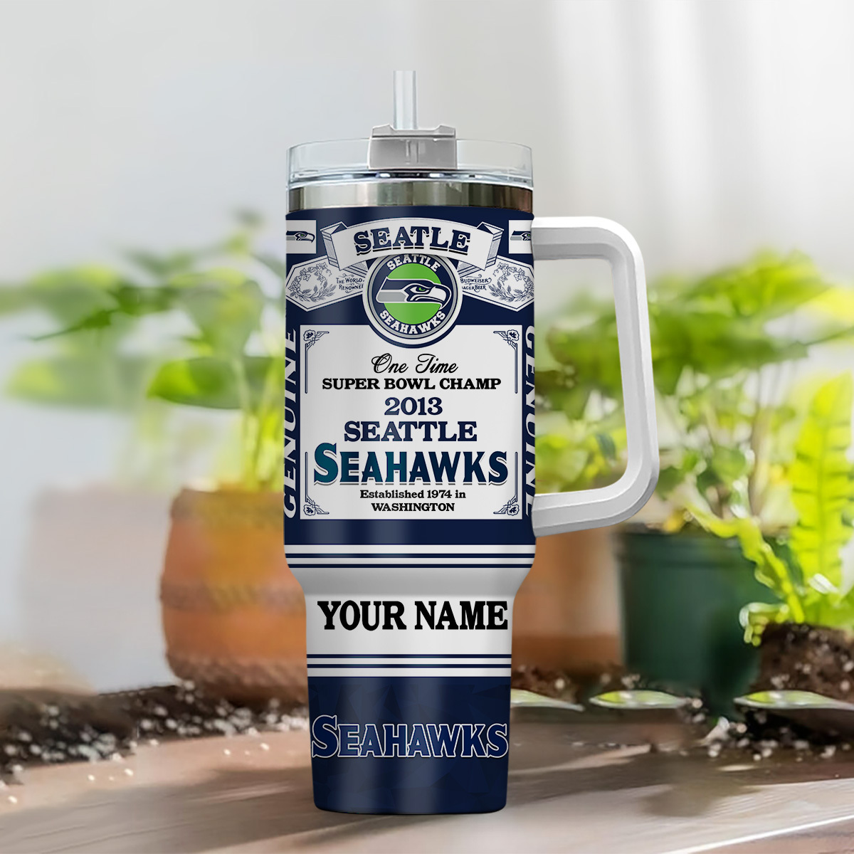 Personalized Seattle Seahawks 2013 Super Bowl Champ Tumbler with Handle - Image 2