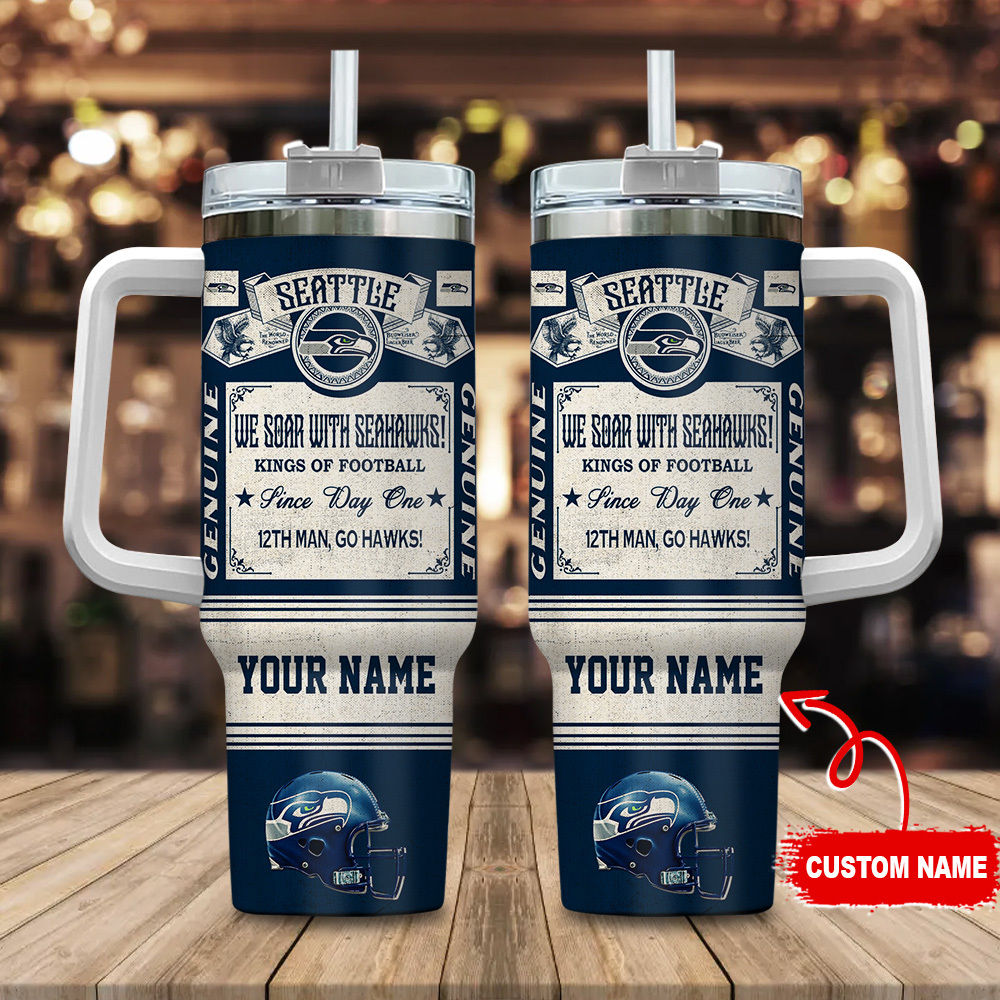 Personalized Seattle Football Fan Tumbler with Handle & Straw - Custom Name Gift