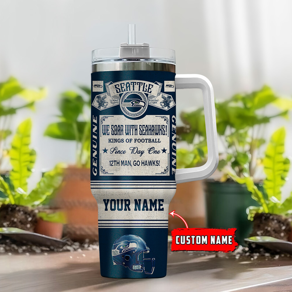 Personalized Seattle Football Fan Tumbler with Handle & Straw - Custom Name Gift - Image 2