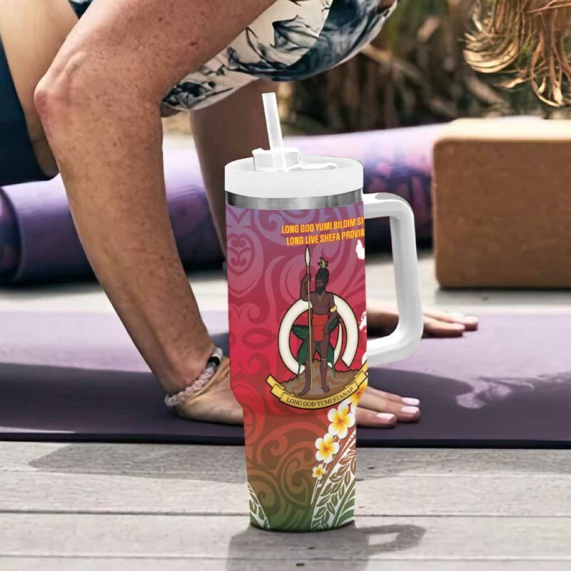 Shefa Province Vanuatu Map With Plumeria Flag Color Custom Stanley Quencher 40oz Stainless Steel Tumbler With Handle - Threewoofs - Image 6